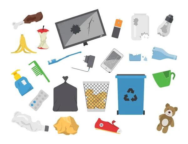 Reciclaje de basura vector bolsas de basura neumáticos gestión ecología industria basura utilizar concepto residuos clasificación ilustración . — Vector de stock