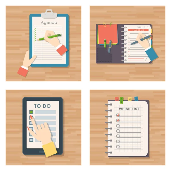 Agenda list vector business paper clipboard in flat style self-adhesive checklist notes agenda calendário planejador organizador artigo ilustração . — Vetor de Stock