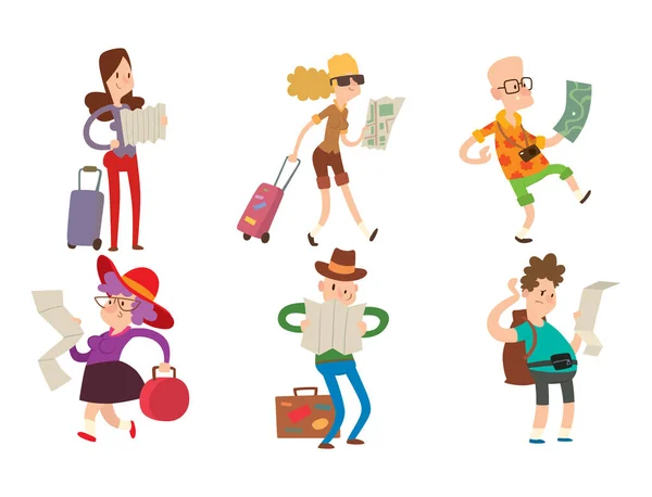 Personas viajeras que buscan la dirección correcta en el mapa vector viajar libertad y carácter activo concepto de estilo de vida ilustración . — Vector de stock