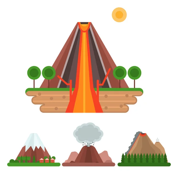 Volcano magma vector nature blowing up with smoke crater volcanic mountain hot natural eruption earthquake illustration. — Stock Vector