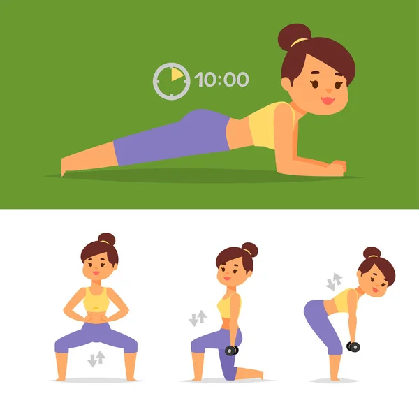 Mujer casa entrenamiento vector ejercicio en el hogar fitness personaje entrenamiento entrenamiento vida saludable y dieta concepto ilustración . — Archivo Imágenes Vectoriales