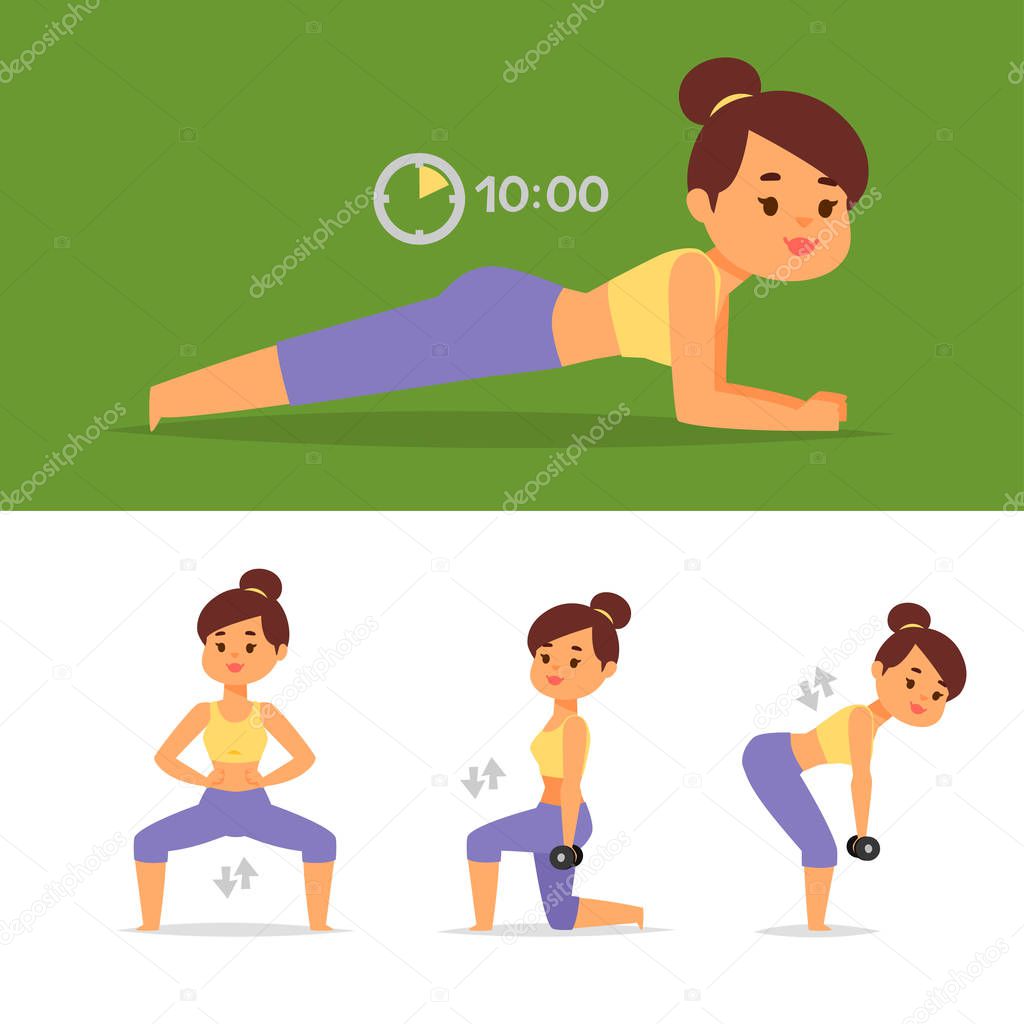 Woman home workout vector exercising at home fitness character training coaching healthy living and diet concept illustration.