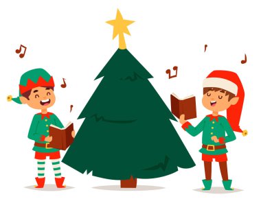 Noel Baba elf çocuklar çizgi film elf yardımcıları christmas illüstrasyon çocuk elfler karakterler geleneksel kostüm vektör