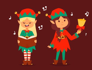 Noel Baba elf çocuklar çizgi film elf yardımcıları christmas illüstrasyon çocuk elfler karakterler geleneksel kostüm vektör