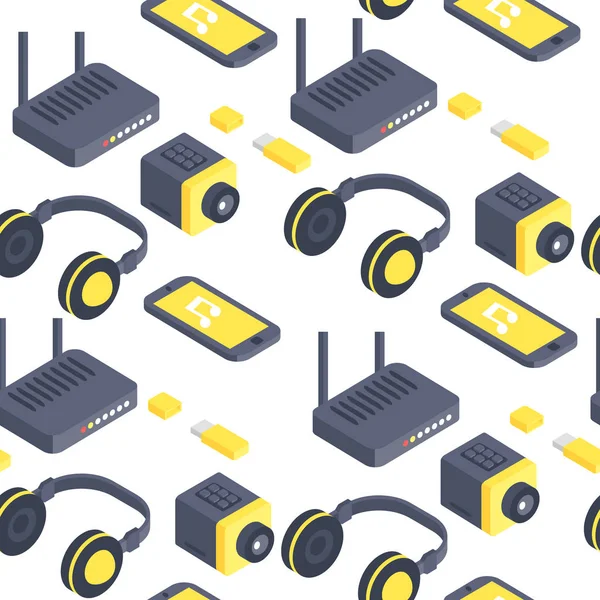 Tecnologia isometrica gadget vettoriale computer senza soluzione di continuità modello web attrezzature. Strumenti isometrici comunicazione grafica elementi digitali. Rete elettronica decorativo illustrazione sfondo — Vettoriale Stock