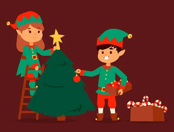 Santa Claus elfo niños dibujos animados elfo ayudantes vector navidad ilustración niños elfos personajes traje tradicional — Vector de stock
