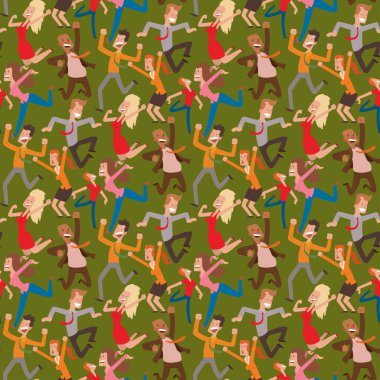 Kutlama sevinç karakter insanlar kutlama parti vektör mutlu adam atlama atlamak. Neşeli kadın etkin mutluluk ifade pek çok neşeli arkadaşları Dikişsiz desen arka plan.