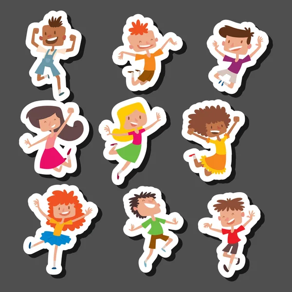 Bambini felici in diverse posizioni big vector jumping allegro bambino gruppo e divertente cartone animato bambini gioioso squadra ridendo personaggi poco persone . — Vettoriale Stock