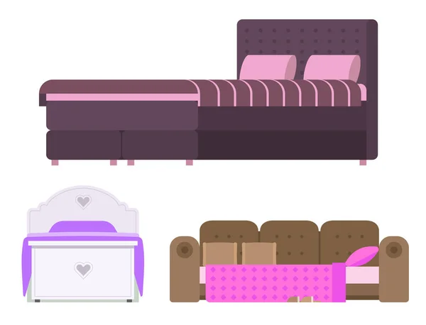 Dormir muebles vector diseño dormitorio cama exclusiva habitación interior confortable casa relajación apartamento decoración ilustración noche ropa de cama sueño hamaca . — Vector de stock