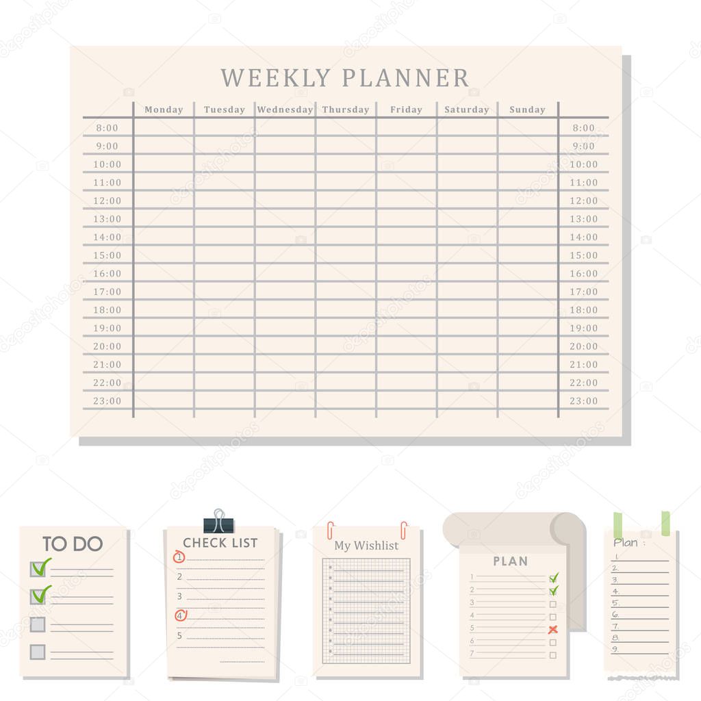 Agenda list vector business paper clipboard in flat style self-adhesive checklist notes schedule calendar planner organizer article illustration.