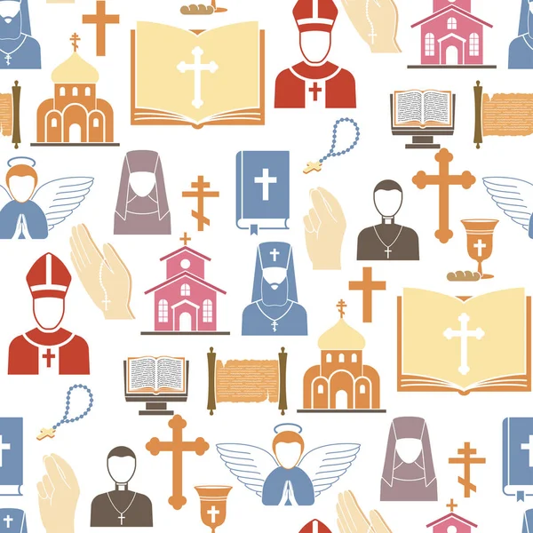 Christendom Religie vector pastor religionism vlakke afbeelding Heilige silhouet bidden religionary christelijk geloof religionistische priester kerk traditionele cultuur naadloze patroon achtergrond. — Stockvector