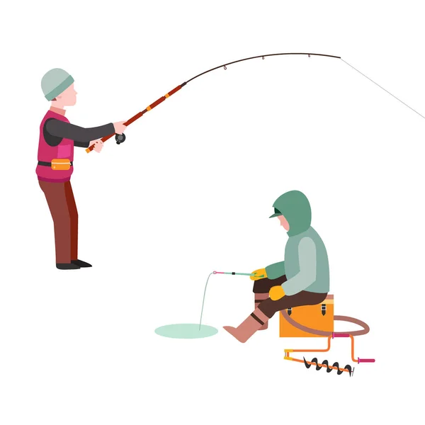Pesca pescadores vetor capturas peixe pescador jogado haste na água captura e rotação, o homem puxa rede para fora do rio personagem vetor ilustração —  Vetores de Stock