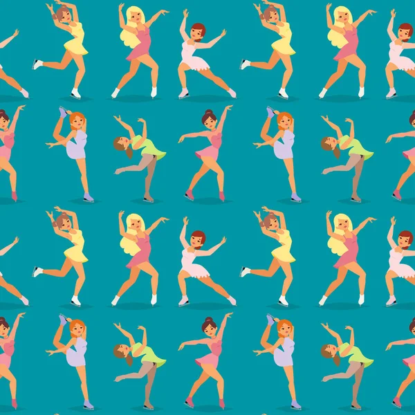 Σχήμα σκέιτερ πάγου γυναικών διάνυσμα ομορφιά Αθλητισμός κορίτσια κάνουν άσκηση και κόλπα άλμα χαρακτήρες χορεύτρια άτομα απόδοση χωρίς ραφή πρότυπο φόντο εικόνα. — Διανυσματικό Αρχείο