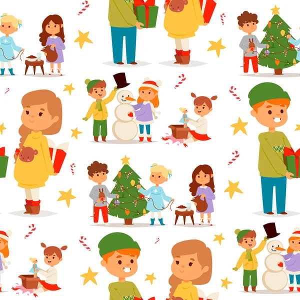 Natal crianças vetor personagem jogando inverno jogos inverno crianças feriados Natal árvore desenho animado novo ano xmas criança sem costura padrão fundo — Vetor de Stock