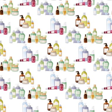 Kozmetik losyon makyaj güzellik plastik sıvı krem konteyner sıvı paketi şişe dikişsiz desen arka plan illüstrasyon vektör.