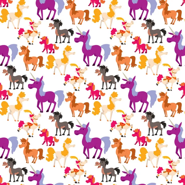 Hästraser ponny hingst vektor färg gård hästsport däggdjur tamdjur mane zoo karaktär illustration sömlösa mönster bakgrund. — Stock vektor