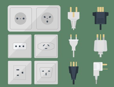 Elektrik fişleri yığını çıkış illüstrasyon enerji soketi elektrik prizi takılan Avrupa ve ABD, Asya cihaz iç simgesi. Tel kablo kablosunu tak-bağlantı elektrik prizi takılan Çift Kişilik Amerikan