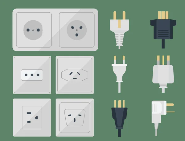 Elektriska stickproppar stack outlet illustration energi elektriska uttag ansluts europeiska och usa, Asien apparaten interiör ikonen. Wire kabel sladd plugganslutningen eluttag pluggar dubbel Amerikan — Stock vektor