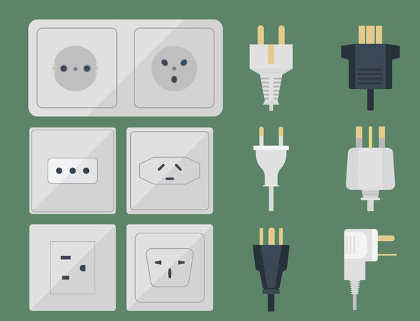 Electric plugs stack outlet illustration energy socket electrical outlets plugs european and usa, asia appliance interior icon. Wire cable cord plug-connection electrical outlets plugs double american
