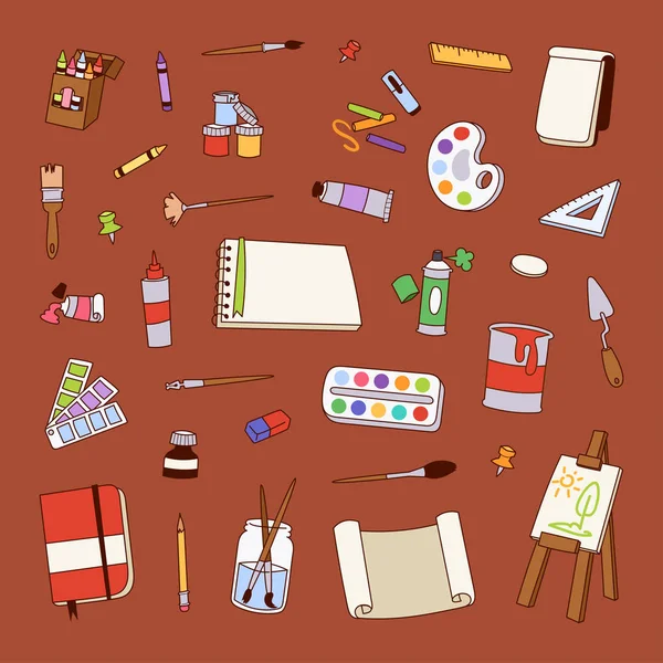 Schilderij kunst tools palet vector illustratie details briefpapier creatieve verf apparatuur creativiteit kunstenaar instrument. — Stockvector