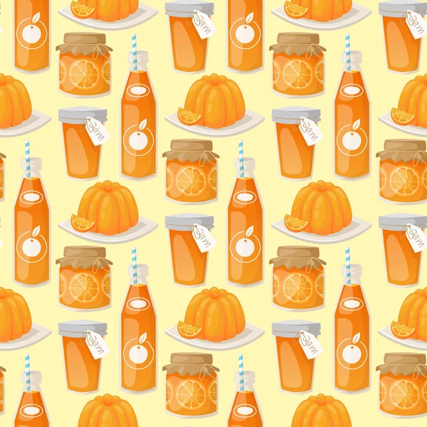 Naranjas y productos de naranja vector ilustración cítricos naturales vector jugoso postre tropical belleza jugo orgánico comida sana patrón sin costuras fondo . — Archivo Imágenes Vectoriales