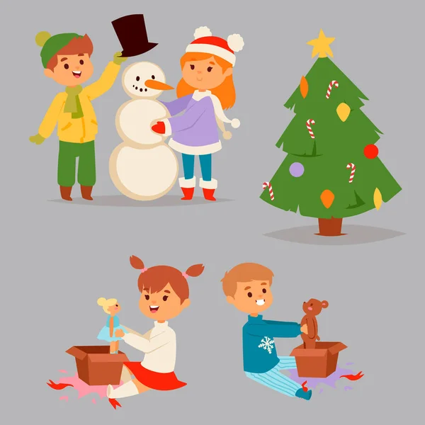 Χριστούγεννα παιδιά διάνυσμα χαρακτήρας παίζει χειμώνα παιχνίδια χειμώνα παιδιά διακοπές παιδί Χριστούγεννα νέο έτος κινουμένων σχεδίων χριστουγεννιάτικο δέντρο — Διανυσματικό Αρχείο