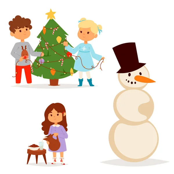 Christmas kids vector character playing winter games winter children holidays christmas tree cartoon new year xmas kid — Stock Vector