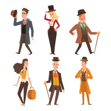 Vintage Victoria karikatür beyler retro insanlar vektör. Antika yüzyıl karakter Victoria gent insanlar vintage vahşi batı erkek ve kadın tarzı giyim tarzı moda eski insanlar Victoria beyefendi
