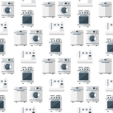 Beyaz eşya iç ev eşyası mutfak elektrik yerli teknoloji için ödev araçları Dikişsiz desen arka plan illüstrasyon vektör