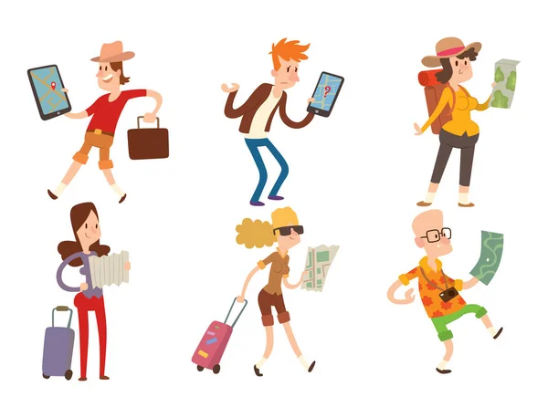 Personas viajeras que buscan la dirección correcta en el mapa vector viajar libertad y carácter activo concepto de estilo de vida ilustración . — Vector de stock