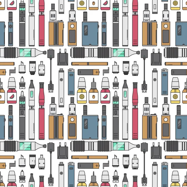 Vape device vector cigarette vaporizer uap jus Vape bottle flavor illustration battery coil electronic nicotine liquid smoking atomizer device e-liquid seamless pattern background . - Stok Vektor