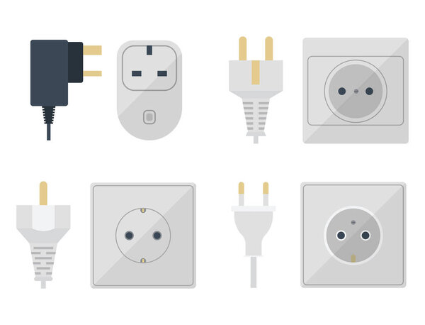 Electric plugs stack outlet illustration energy socket electrical outlets plugs european and usa, asia appliance interior icon. Wire cable cord plug-connection electrical outlets plugs double american
