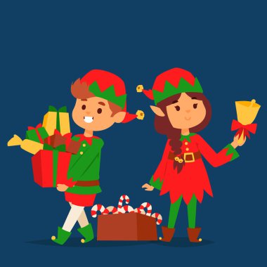 Noel Baba elf çocuklar çizgi film elf yardımcıları christmas illüstrasyon çocuk elfler karakterler geleneksel kostüm vektör