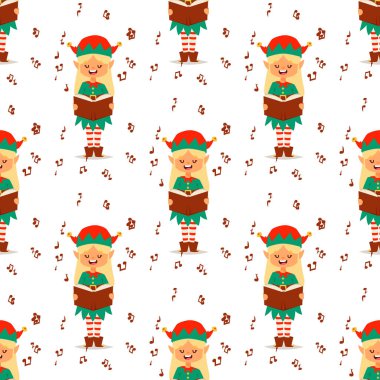 Noel Baba elf çocuklar çizgi film elf yardımcıları illüstrasyon çocuk elfler karakterler geleneksel kostüm Dikişsiz desen arka plan vektör