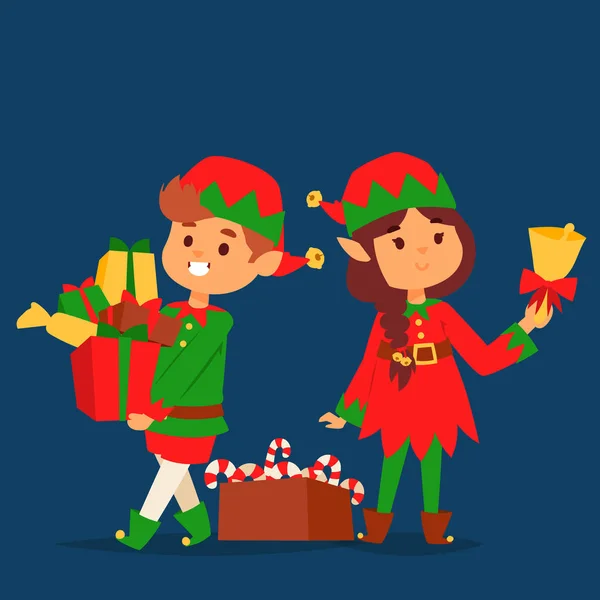 Santa Claus elf kinderen cartoon elf helpers vector Kerstmis illustratie kinderen Elfen karakters klederdracht — Stockvector