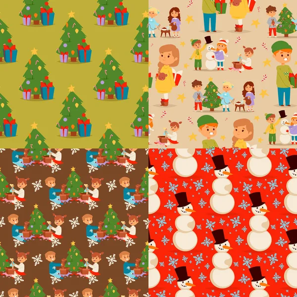Christmas barn vektor karaktär spelar vinter spel vinter barn semester julgran tecknad nyår xmas kid sömlösa mönster bakgrund — Stock vektor