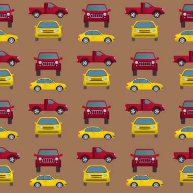 Araba otomatik araç taşıma türü tasarım seyahat yarış modeli teknoloji stil ve genel otomobil çağdaş çocuk oyuncak Dikişsiz desen arka plan vektör çizim.