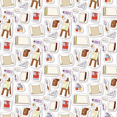 Sanat araçlar paleti vektör illüstrasyon ayrıntıları Kırtasiye yaratıcı boya ekipmanları yaratıcılık sanatçı enstrüman Dikişsiz desen arka plan boyama.