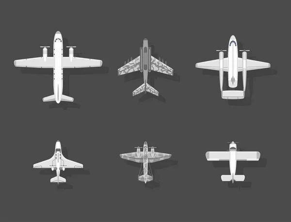 비행기 벡터 일러스트 레이 션 상위 뷰 평면과 항공기 교통 여행 방법 디자인 여행 개체. — 스톡 벡터