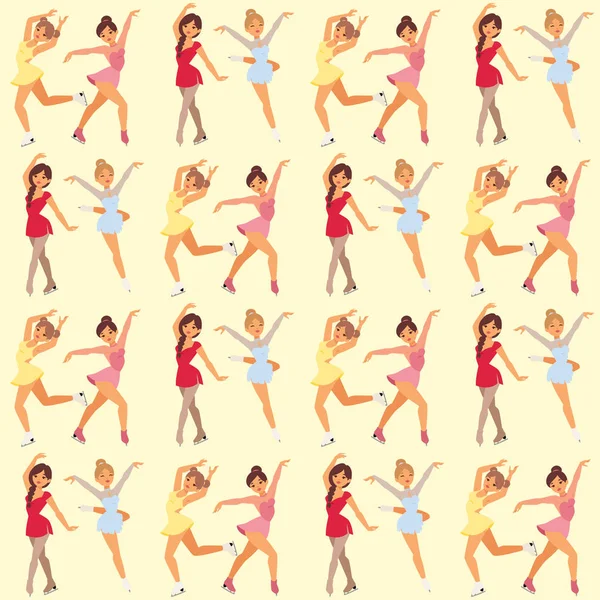 Фігурний крижаний ковзаняр жінки вектор краси спортивні дівчата роблять вправи і трюки стрибають персонажі танцівниці люди виконання безшовний візерунок фонова ілюстрація . — стоковий вектор