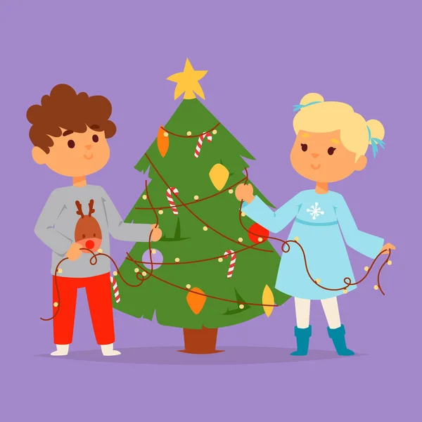 Navidad niños vector personaje jugando juegos de invierno invierno niños vacaciones árbol de Navidad dibujos animados año nuevo niño de Navidad — Vector de stock