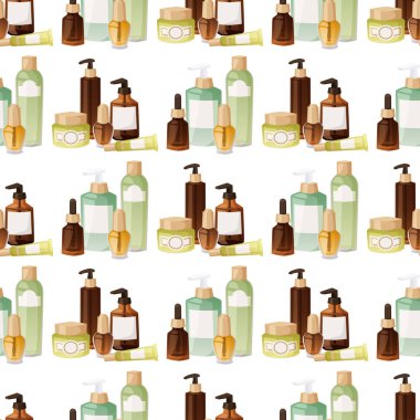 Kozmetik losyon makyaj güzellik plastik sıvı krem konteyner sıvı paketi şişe dikişsiz desen arka plan illüstrasyon vektör.
