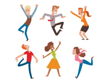 Kutlama sevinç karakter insanlar kutlama parti vektör mutlu adam atlama atlamak. Neşeli kadın etkin mutluluk ifade pek çok neşeli arkadaşları portre.