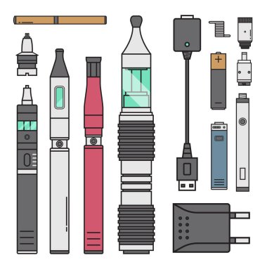 Vape aygıt vektör sigara Buharlaştırıcı buharı suyu vape şişe lezzet illüstrasyon pil bobin. Trend yeni kültür elektronik nikotin sıvı. Vape atomizer aygıt e-sıvı Sigara.