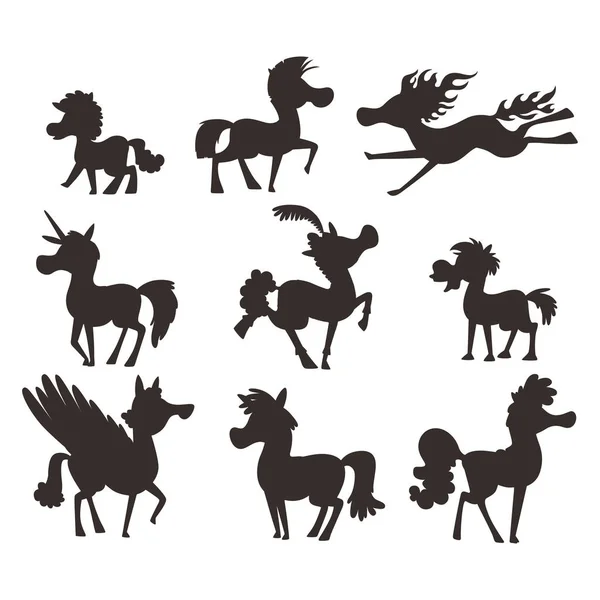 Cheval poney étalon vecteur silhouette races couleur ferme équestre mammifère domestique crinière zoo illustration de caractère . — Image vectorielle