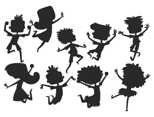 Bambini felici in diverse posizioni grande vettore saltando allegro bambino silhouette gruppo e divertente cartone animato bambini squadra gioiosa ridendo personaggi poco persone . — Vettoriale Stock