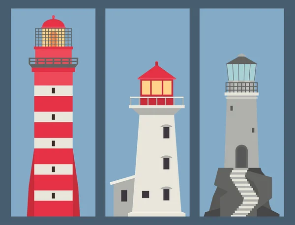 Faros banner vectorial torres de reflector plano para guía de navegación marítima faro oceánico seguridad símbolo de seguridad ilustración . — Vector de stock