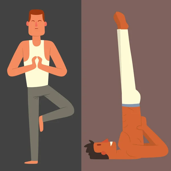 Yoga Posiciones Hombres Personajes Clase Tarjeta vectorial Ilustración Meditación Hombre Concentración Paz Humana Deporte Vida Relajación Salud Ejercicio . — Vector de stock