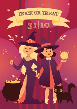 Sevimli küçük Halloween Kız witchs süpürge ile mutlu Halloween invintation poster kartı parti baskı sihirli kart fantezi genç karakter kostüm şapka vektör tasarlamak tebrik dizi karikatür