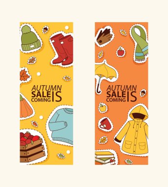 Sonbahar satış teklif afiş Web sitesi banner öğeleri kartı sonbahar ile ilgili giysileri ile. Yağmurlu soğuk zaman mutlu altın ve sarı sonbahar kutlamak için. Şemsiye, yaprak sonbahar, ilaçlar, yeşillik, yağmur